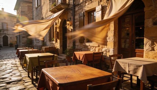 Sunlit european cafe terrace with billowing awnings and rustic tables on cobblestone lane