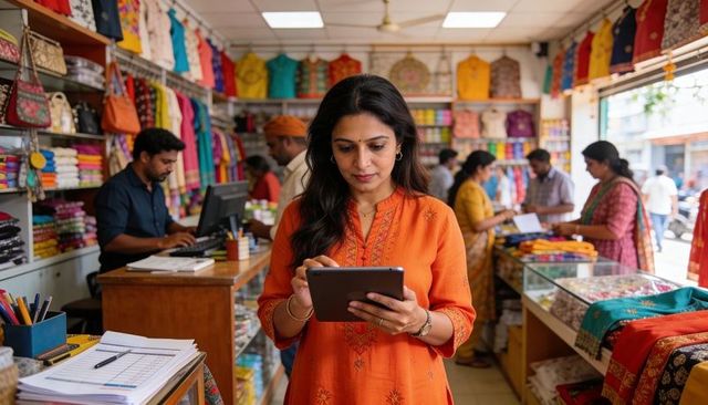 Woman using tablet in vibrant fabric boutique managing inventory and helping customers