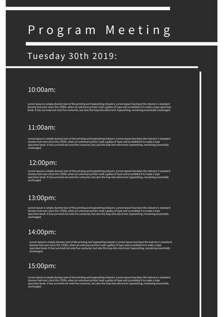 Simple and sleek black and white program meeting schedule template designed for corporate use. Organized time slots make it easy to plan and follow events throughout the day. Ideal for business meetings, conferences, and seminars. Fully editable for customization to fit specific needs.