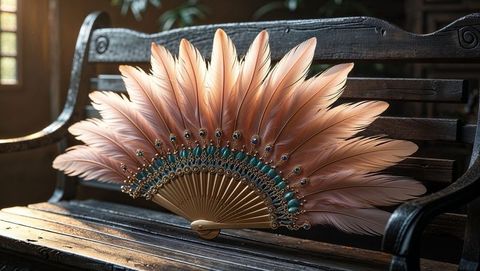 Elegant peach feather fan with turquoise beads on vintage bench