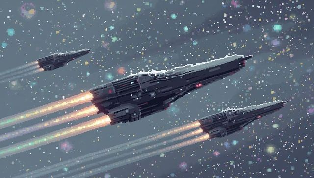 Pixel art starfleet cruising through neon starfield with tri-engine capital ship escort