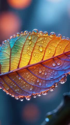 Macro video capturing dew-laden leaf shimmering with rainbow light and sparkling droplets
