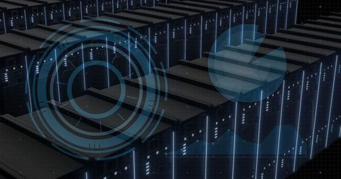 Futuristic digital interface in data center server rows