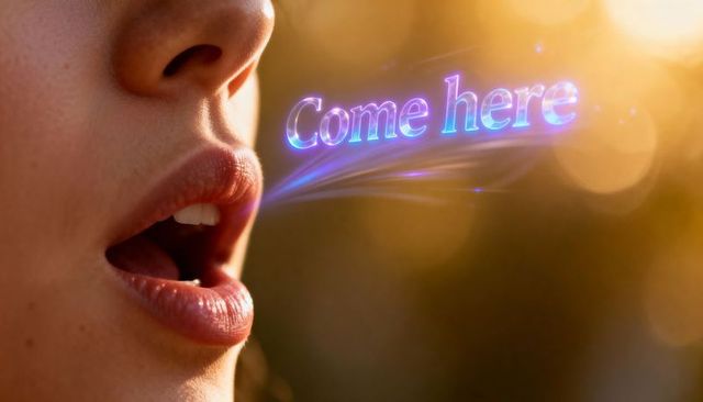 Whispering lips sending holographic come here neon text over golden bokeh closeup