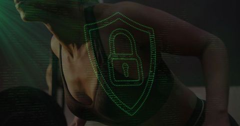 Female athlete holding plank with kettlebell and holographic shield lock overlay