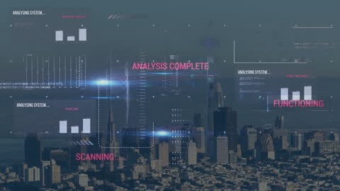 Futuristic Data Interface Overlaying Urban Cityscape