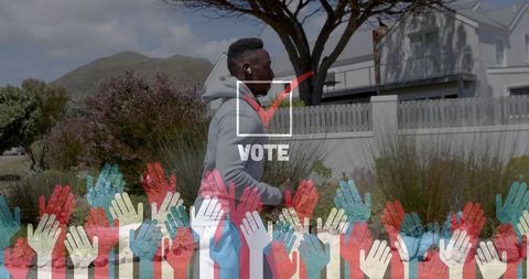 Suburban jogger with vote checkmark and raised hands overlay for voter engagement