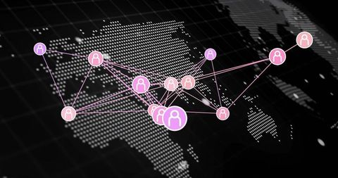 Global Social Network Visualization with Neon Pink User Nodes and Connected Data Hubs