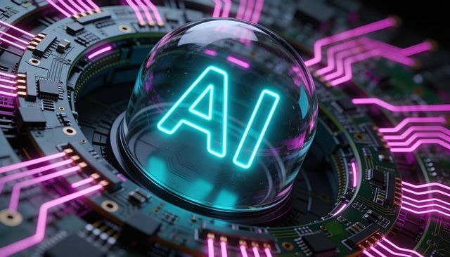 Glowing ai dome on circular circuit board with neon cyan and magenta traces