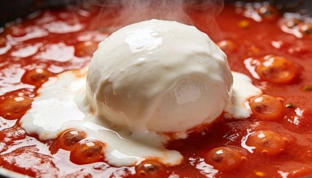 Melting burrata releasing cream into sizzling tomato sauce with olive oil droplets