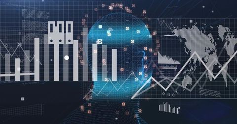 Translucent digital head processing global data ai analytics dashboard network visuals