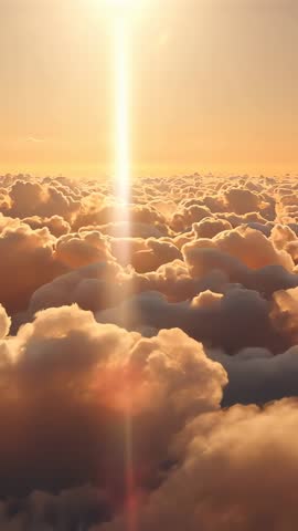 Drone descending through golden cloud deck capturing sunbeam and lens flare | Vertical aerial 9:16