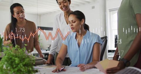 Innovative team collaboration with data overlay in creative studio