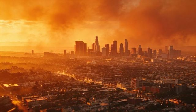 Downtown skyline glowing through smoke at golden sunset with highway light trails