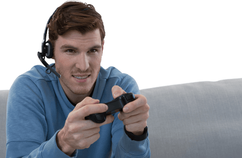 man gaming on sofa with headset and controller, transparent background - Download Free Stock Videos Pikwizard.com