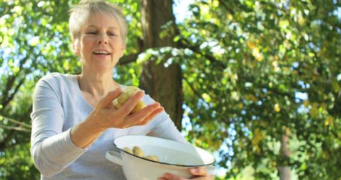 Senior woman harvesting fresh potatoes outdoors in sunlight
