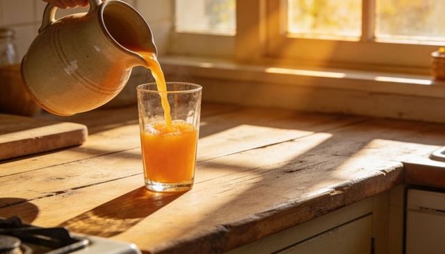 Sunlit morning pouring orange juice from ceramic pitcher into glass on wooden counter