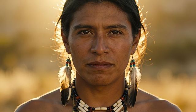 Golden hour closeup of woman wearing feather earrings and beaded necklaces on grassland