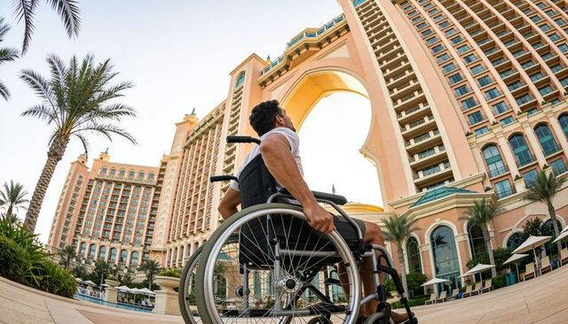 Wheelchair traveler admiring luxury resort archway with palms and poolside access