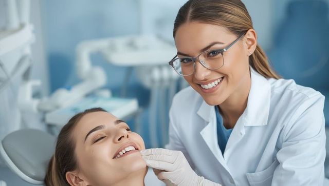Dentist in action holding patient chin during dental checkup