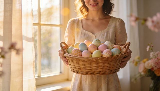 Smiling woman holding wicker basket of pastel easter eggs near sunlit window in cozy vintage spring