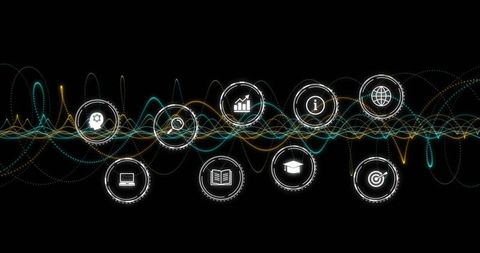 Neon data wave with technology and analytics icon badges for network visualization concept