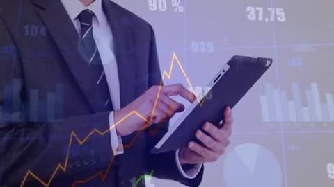 Businessman tapping tablet, swiping financial charts and analyzing data dashboard video