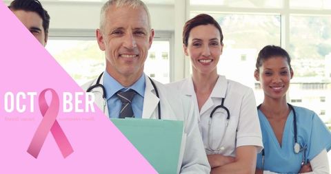 Diverse Team of Doctors Supporting Breast Cancer Awareness in October