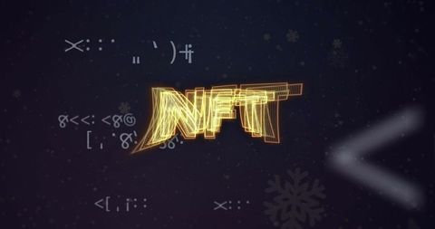 Glowing nft in digital cyber space with coding elements