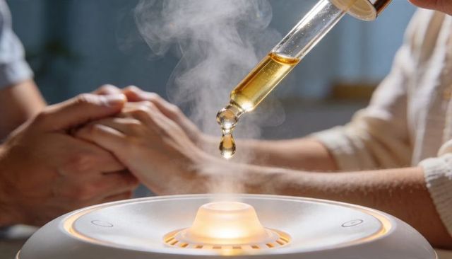 Warm aromatherapy diffuser releasing steam with golden oil dropper and hand clasp