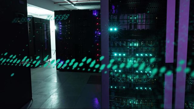 This visual highlights digital data processing overlaid on computer servers, indicating global connections, computing, and data handling in a data center environment. Useful for illustrating topics in technology, data security, IT infrastructure, and big data analytics, making it ideal for cyber security presentations or tech industry marketing materials.