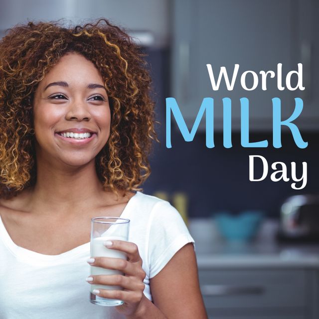 Healthy African American Woman Celebrating World Milk Day with Glass of Milk - Download Free Stock Templates Pikwizard.com