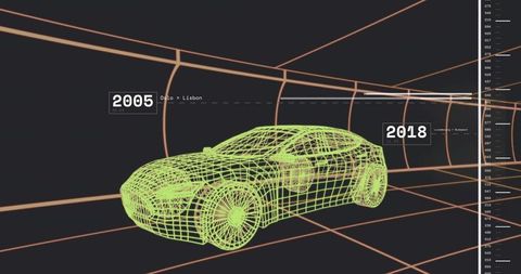 Futuristic green wireframe sedan in virtual timeline