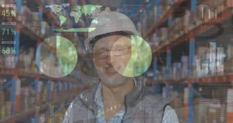 Smiling Senior Supervisor in Warehouse with Financial Data Overlay