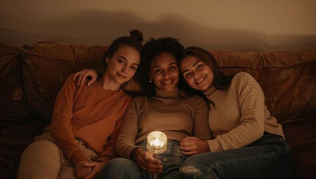 Three friends sharing cozy candlelit moment on couch, warm sweaters and soft glow