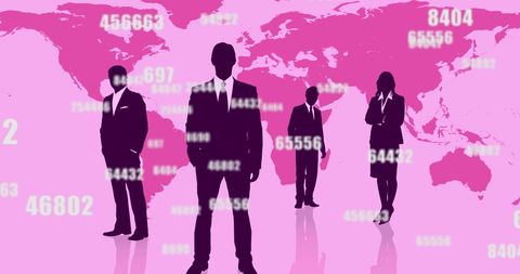 Silhouetted Business Professionals in Front of Global Map and Numbers