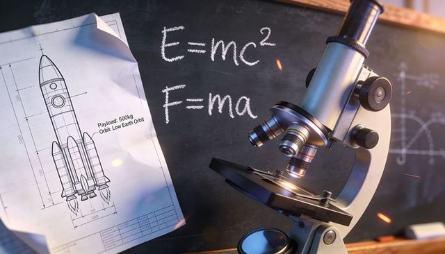 Microscope and rocket blueprint on chalkboard with physics equations for stem research
