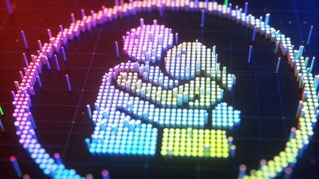 Neon led glyph of embracing couple and heart on futuristic digital grid