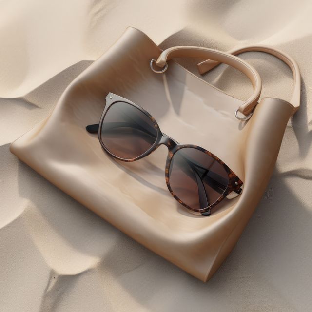 Sunglasses on beige handbag on sand background, created using generative ai technology. Travel, fashion accessories and vacations, digitally generated image.