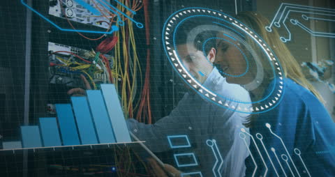 Technicians Analyzing Data with Digital Interface Overlay