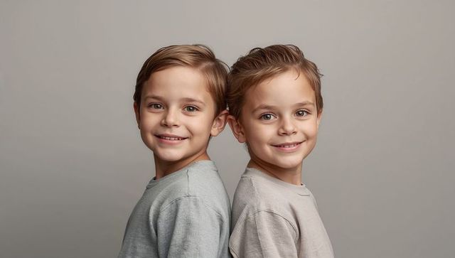 Smiling young brothers standing back-to-back in neutral crewnecks with soft lighting