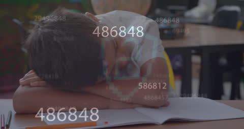 Schoolboy Sleeping Amidst Digital Data Security Concept