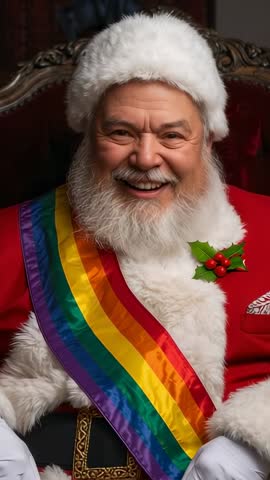 Senior Santa Claus wearing rainbow Pride sash smiling and posing in ornate parlor vertical video