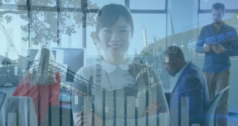 Business Team Analyzing Data with Global Technology Overlay