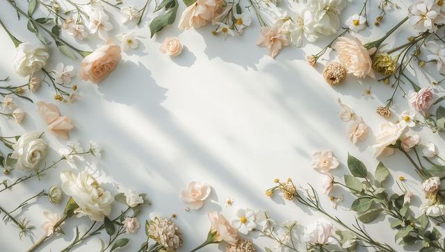 Delicate pastel floral border flat-lay featuring roses ranunculus daisies and eucalyptus