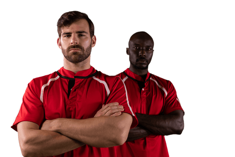 Diverse Male Rugby Players in Red Uniforms on Transparent Background