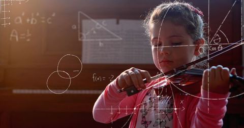 Talented young girl plays violin with mathematical equations overlay