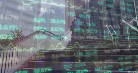 Businessman in Urban City over Financial Data Overlay