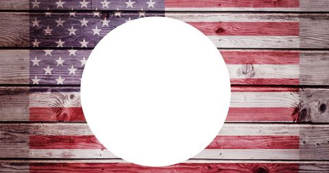 Rustic background features American flag painted on wooden planks with a central blank circle. Ideal for patriotic announcements, celebratory designs for Independence Day, Memorial Day, or creative presentations needing a classic USA theme.
