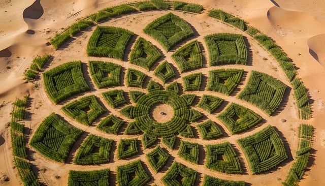 Desert Oasis Mandala: Concentric Green Gardens Radiating Across Sand Dunes From Above